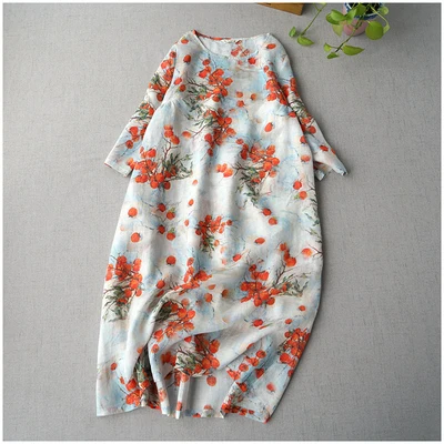 Весенне-летние женские повседневные свободные размера плюс в японском стиле винтажные удобные тонкие платья из ткани рами с цветочным принтом - Цвет: tomato print