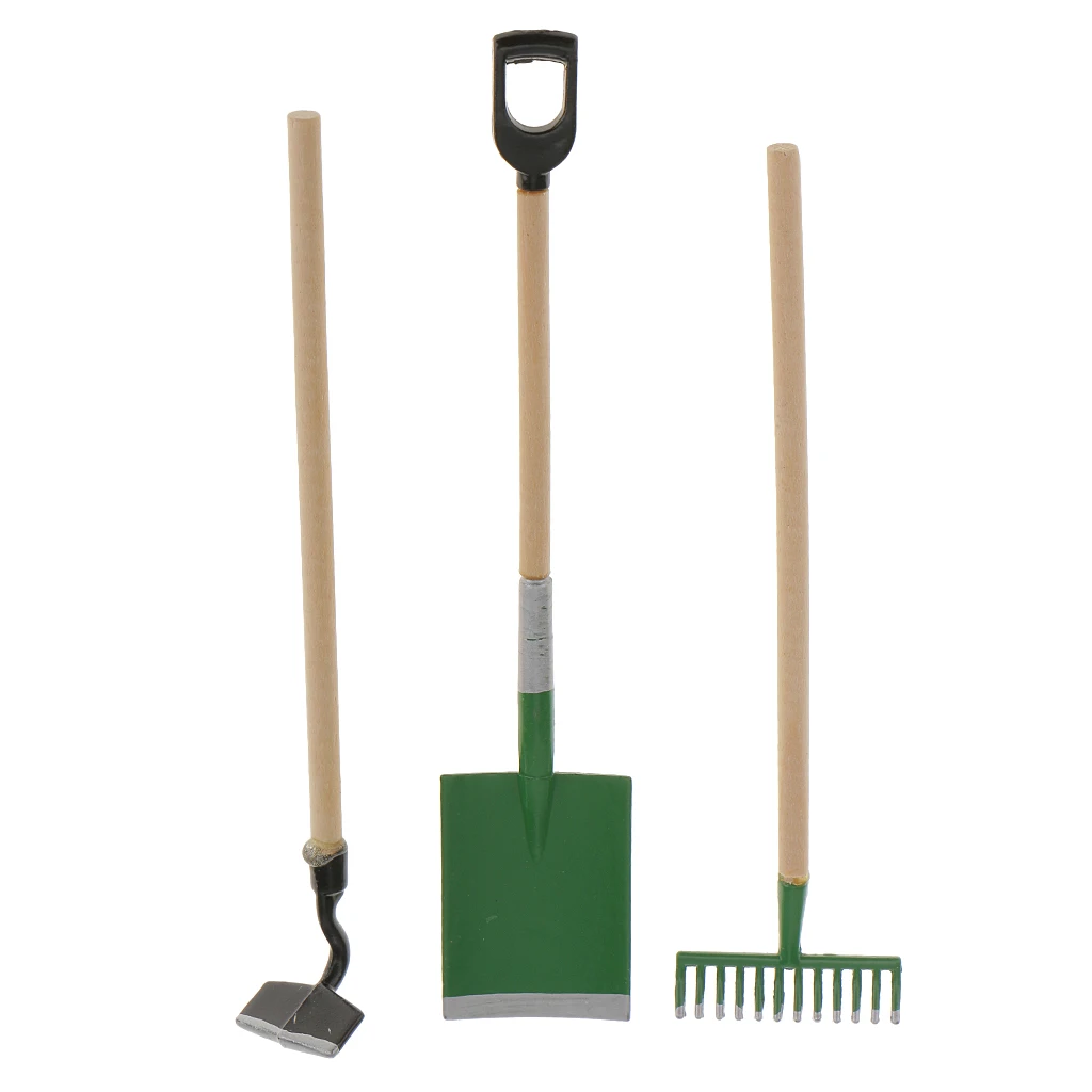 Set of 4 Pieces Miniature Garden Tools Watering Pot Shovel Hoe Rake Dollhouse Accessory
