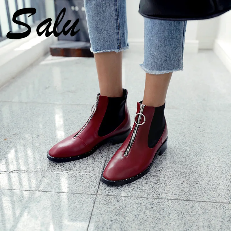 

Salu pu Leather Casual Boots Elegant Round Toe Zipper Woman Shoes Comfortable Low Heels New Basic Lady Ankle Boots