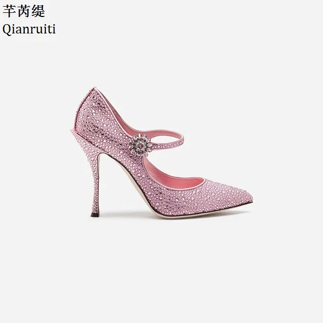 

Qianruiti Pink Studded Crystal High Heels Wedding Shoes Sexy Pointed Toe Women Pumps Ankle Strap Stiletto Heels Women Shoes