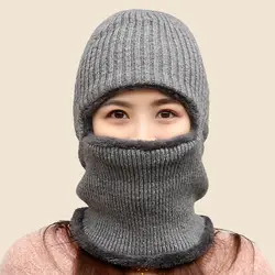 Для девочек теплые лыжные вязаный Шапки шарф шляпа 2 в 1 компл. зима Для женщин Балаклава Стиль Шапка-бини толстые Skullies женский кепки
