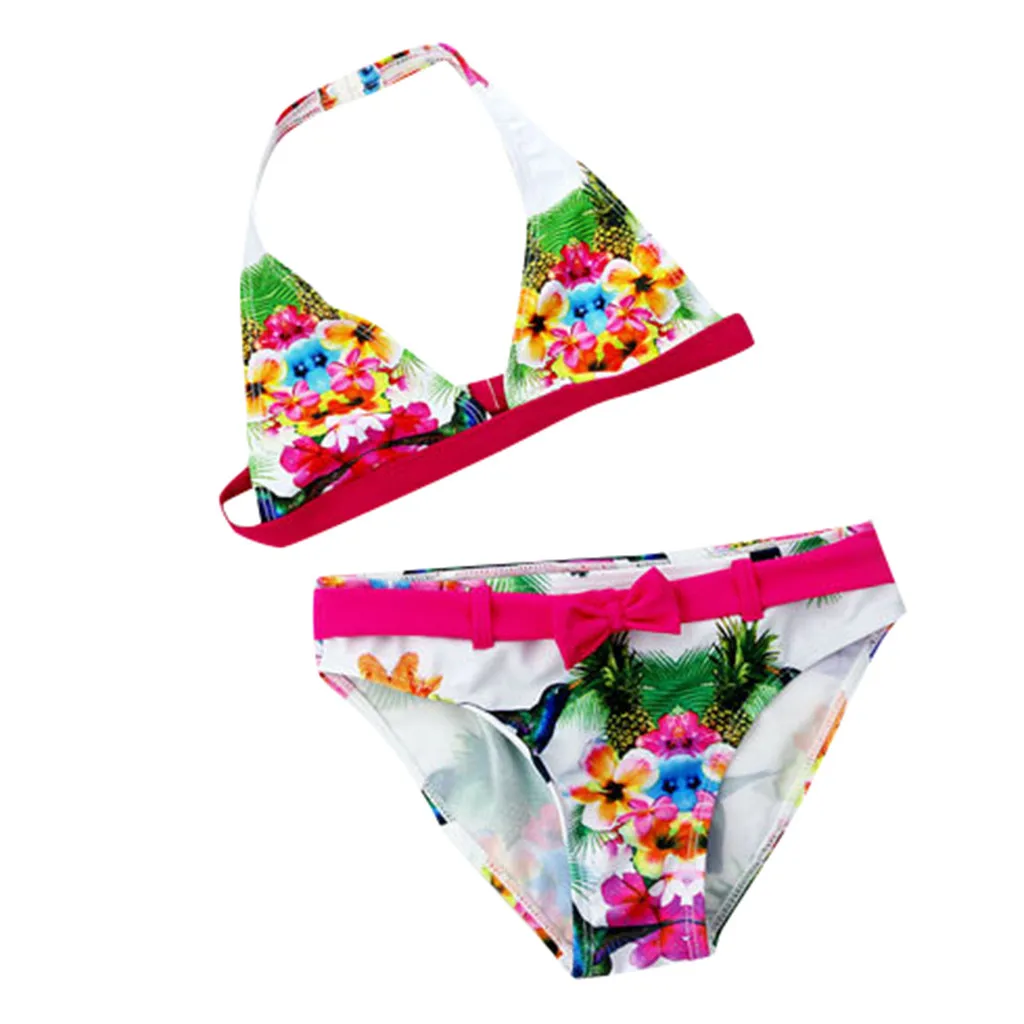

Cute Princess Kids Baby Girl Swimwear Two Pieces jumpsuit Red Bikini Swimsuit Bathing Suit Floral Bird Swimwears Beachwear K0320