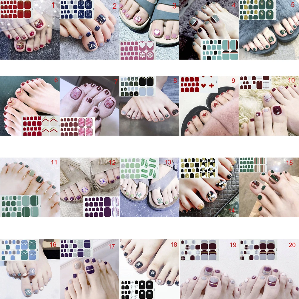 22tips/sheet Toe Nail Stickers Waterproof Toe Nail Wraps Nail Art Full Cover Adhesive Foil Stickers Manicure Decals Fashion
