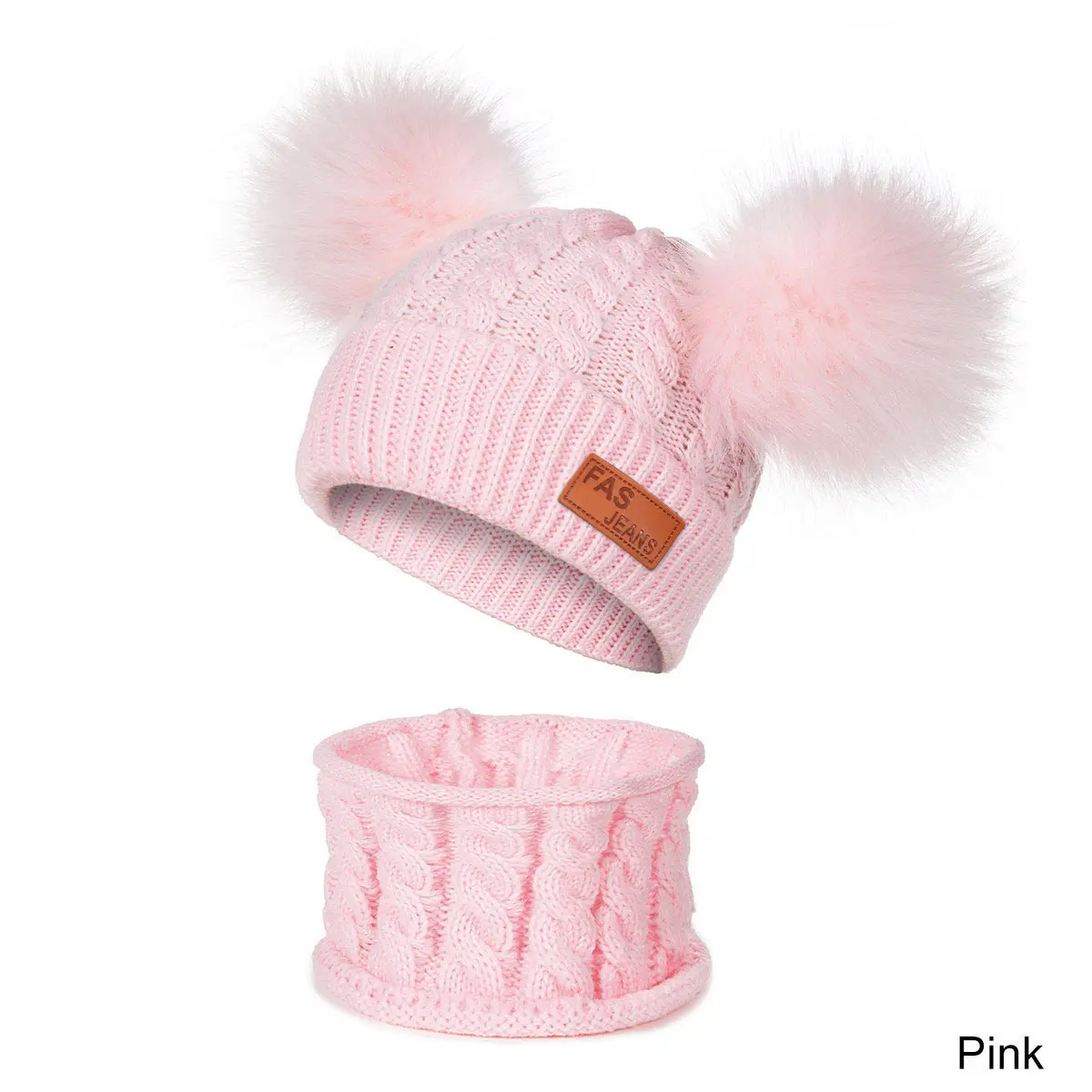 Модный комплект из 2 предметов, зимняя шапка и шарф для малышей, вязаная теплая шапка, комплект шарфов для мальчиков и девочек, зимние аксессуары, меховая вязаная шапочка с помпонами, шарфы - Цвет: pink