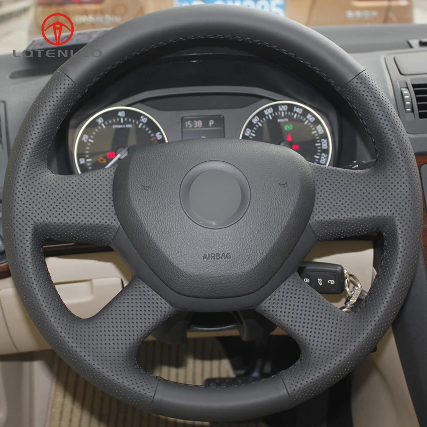 

LQTENLEO Black Artificial Leather Hand-stitched Car Steering Wheel Cover for 2014 Skoda Octavia 2013 Skoda Fabia