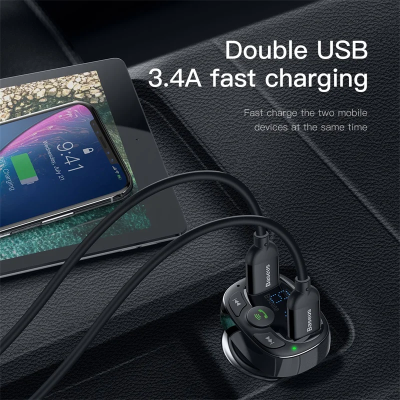 Baseus Dual USB Автомобильное зарядное устройство с fm-передатчиком Bluetooth Handsfree FM модулятор зарядное устройство для телефона в автомобиле для iPhone Xiaomi HUAWEI