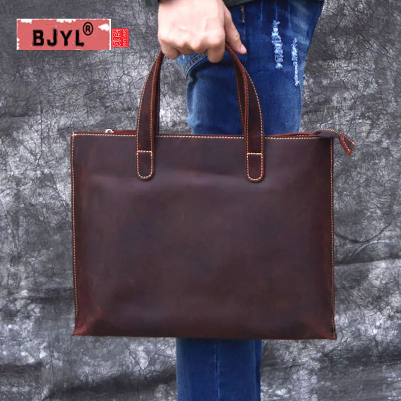 

BJYL Top Grade Male Men's Vintage Real Crazy Horse Leather Briefcase Messenger Shoulder Portfolio Laptop Bag Case Office Handbag