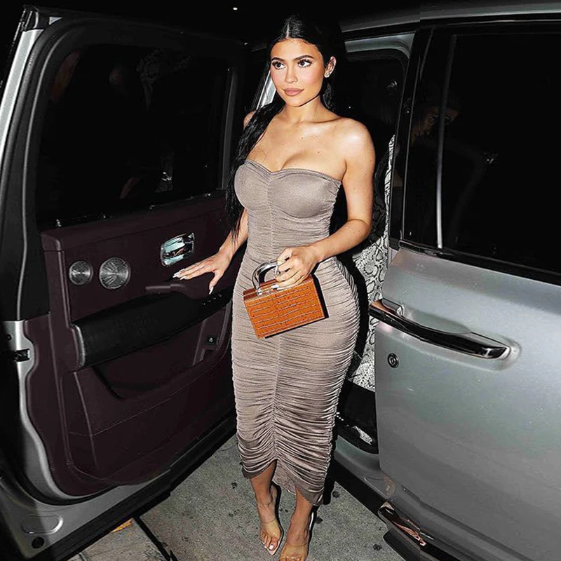 

New Designer Black Dark Brown Club Party Runway Maxi Dress Sexy Pleated Long Strapless Celebrity Elegance Women Dress Vestidos