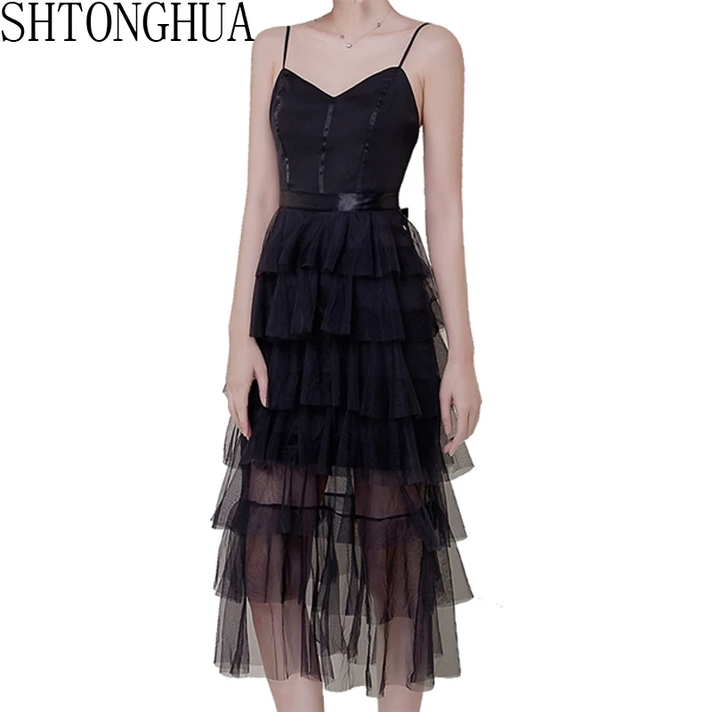 

SHTONGHUA Sexy Women Backless Bow Party Dress New Runway Summer Spaghetti Strap Mesh Patchwork Cascading Ruffles Slim Midi Dress