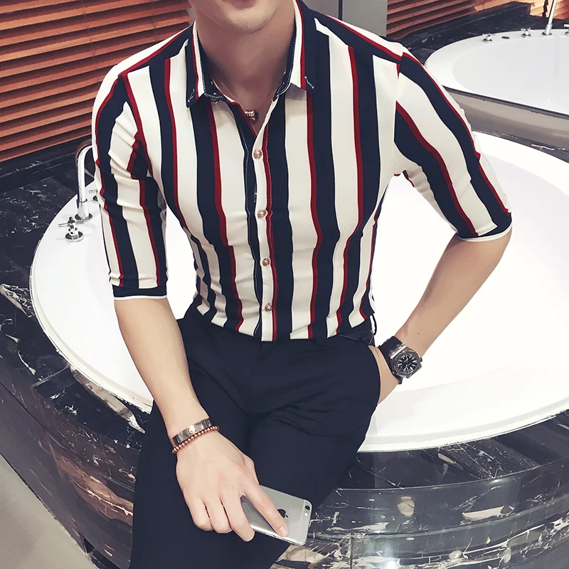 2019 New Cool Summer and Spring Men's Fashion Striped Boutique Elastic Casual Short-sleeved Shirts