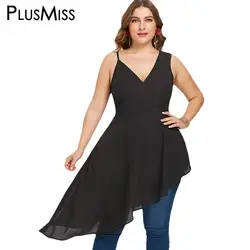 PlusMiss плюс Размеры баски Asymmetrical Tunic Длинный топ дамы 5XL черные пикантные блузка без рукавов женские большие размеры 2018 XXXXL XXXL XXL