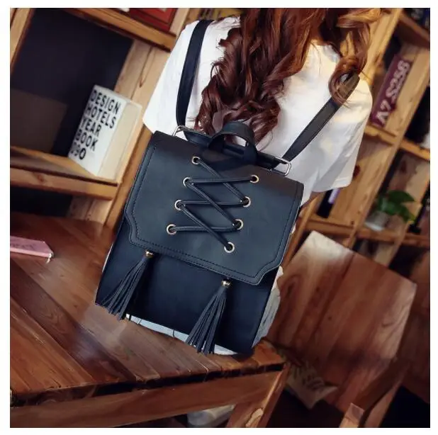 1 piece Pu Leather bandage Tassel Square Weave Women Backpack School bag for teenager Girls Female - Цвет: Черный