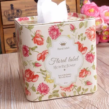 

Free Shipping! Square Shape Fresh Pink Floral Metal Tissue Box Flower Design Rollpaper Case Holder Metal Storage Box