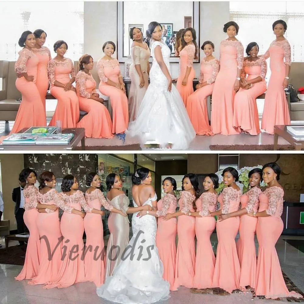 17-1         Arabic African Coral Long Bridesmaid Dresses with Half Sleeves Plus Size Lace Mermaid Party Dress Beautiful Dresses for Wedding
