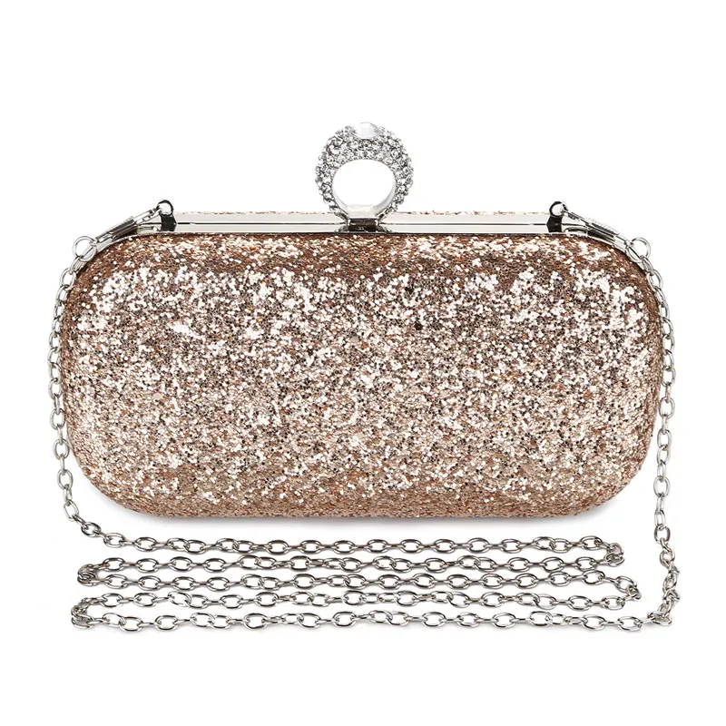 Luxy Moon Champagne Sequin Clutch Bag with Chain Front View