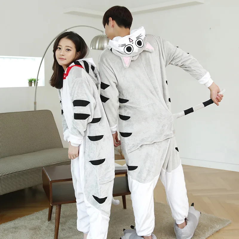 Women Unicorn Pajamas Sets Flannel Cute Animal Pajamas kits Women Winter unicornio Nightie Pyjamas Sleepwear Homewear - Цвет: cheest cat