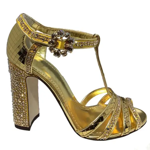 

New golden lattice mirror rhinestone high-heeled sandals open toe rhinestone buckle women's chunky high heel diamond sandal gold
