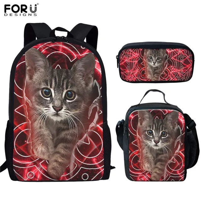 FORUDESIGNS School Bags Student Girls 3pcs 3D Cat Kitty Pattern Orthopedic Satchel Backpack Pencil Book Bag Teenagers Rucksack - Цвет: HX671CGK