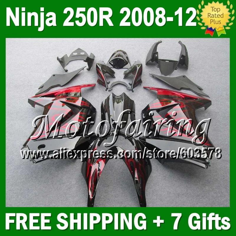 

7gifts+ For Kawasaki red flames Ninja ZX250 ZX 250 250R 16#J4 08 09 10 11 12 2008 2009 red black 2010 2011 2012 ZX250R Fairing
