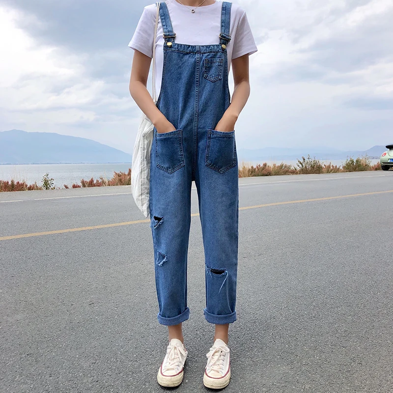

2019 Summer Autumn Women Overalls Denim Jumpsuits Holes Korean Student Jeans Sleeveless Palysuits Pockets Rompers Plus Size 4XL