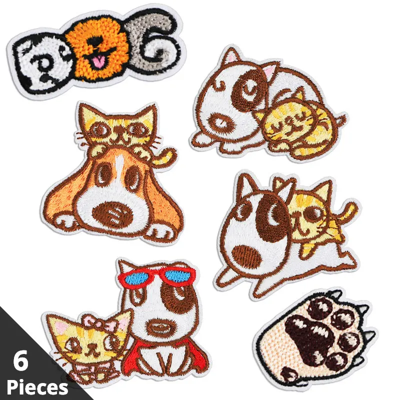 

6 Pieces Lot Embroidery Dog Patch on Clothes Sticker Iron on Patches for Clothing Sew on Cloth Badge Cat Children DIY Bag Repair