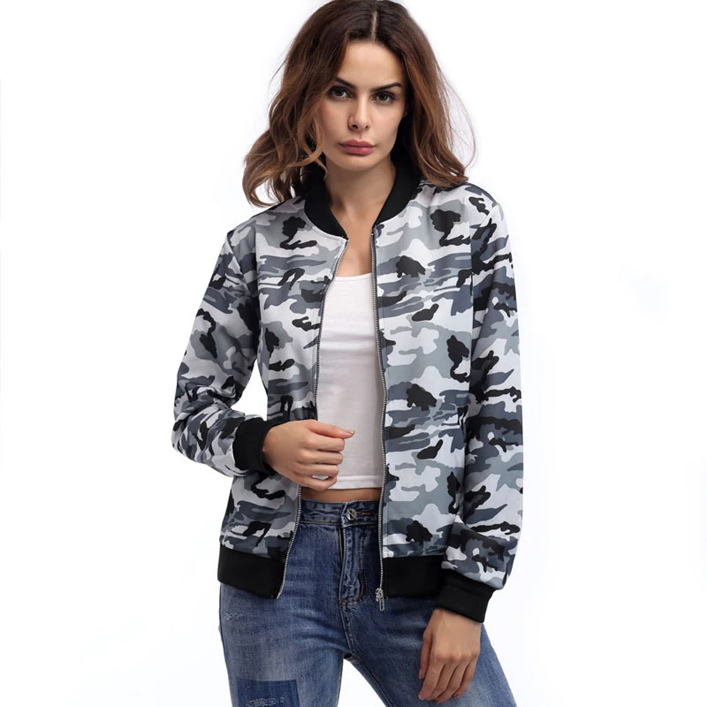 Fashion Women Lady Retro Camouflage Zipper Up Bomber Jacket Casual Coat