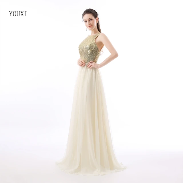 Charmming Chiffon Tulle with Top Champagne Gold Sequin Bridesmaid Dresses Formal Prom Dress 2016 Long Special Occasion Dresses 1