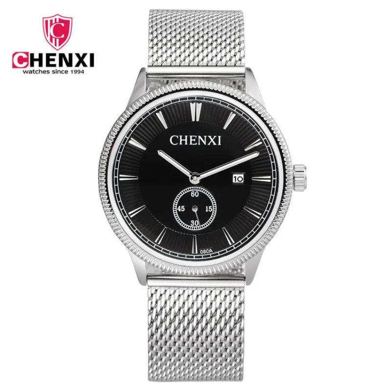 

Business Fashion Men Quartz Watch CHENXI Brand Silver Stainless Steel Mesh Belt Men Calendar Small Dial Work Watches PENGNATATE