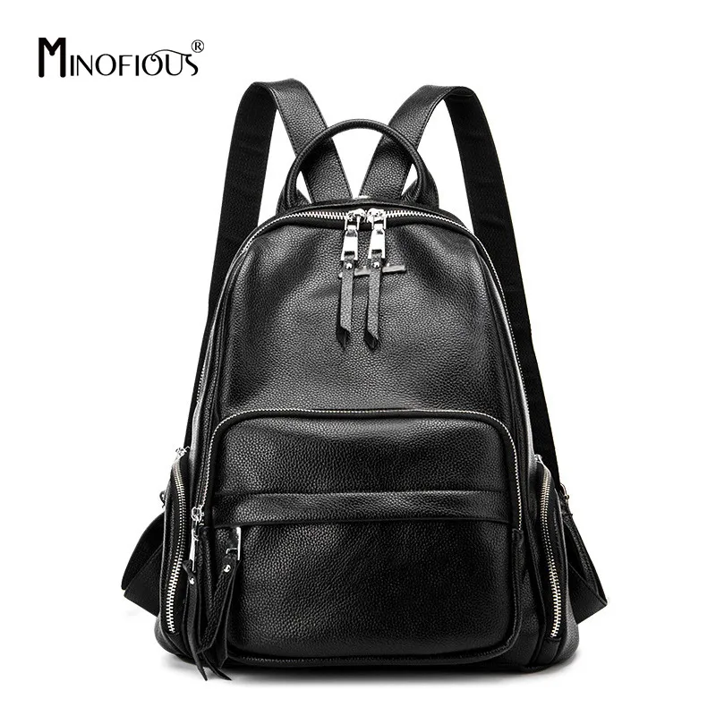 

MINOFIOUS Genuine Leather Backpack Headphone Backpacks High Quality Zipper School Bag Black Soft Back Bags Shoulder Bag Women