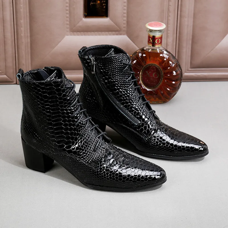 

Stylish Black Snake Veins Ankle Boots Winter Lace Up Military Boots Height Increasing Cowboy Boots Mens Indestructible Shoes