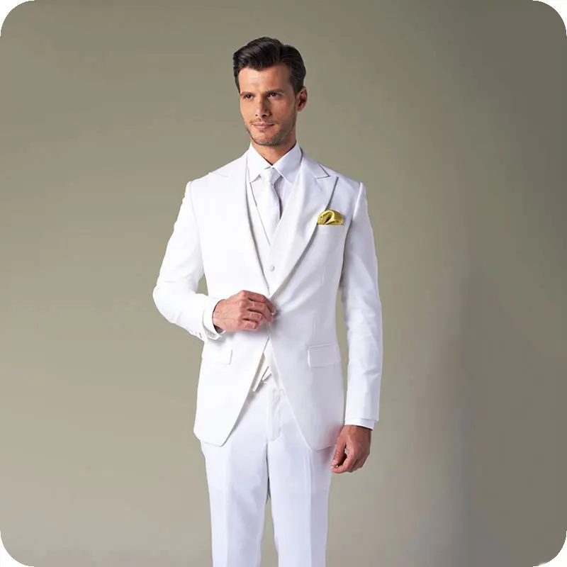 

White Men Suits for Wedding Best Man Blazers Peaked Lapel Slim Fit Groom Tuxedos Costume Homme 3Piece Handsome Terno Masculino