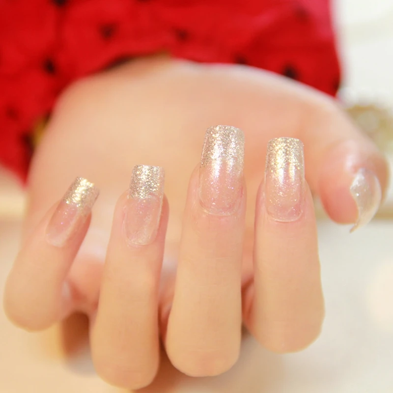 Shimmer Pure Silver Glitter French Nails Clear Spirit Flat Medium Acrylic Press On Nails Full Wraps