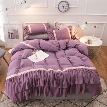 

Purple Pink Gray Luxury Princess 100% Cotton girl Bedding sets Yarn Dyed Ruffles Duvet Cover Bed Linen/Sheet Pillowcases 4pcs