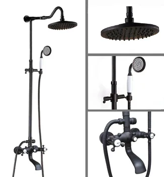 

Black Oil Rubbed Brass Dual Cross Handles Bathroom 8 Inch Round Rain Shower Faucet Set Bath Tub Mixer Tap Hand Shower mhg606