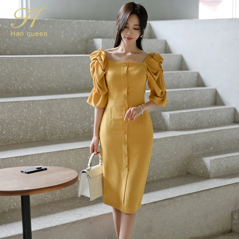 H Han queen лето карандаш офисное платье женщины желтый спинки однобортный Платья OL сексуальный Сплит Оболочка Bodycon Vestidos