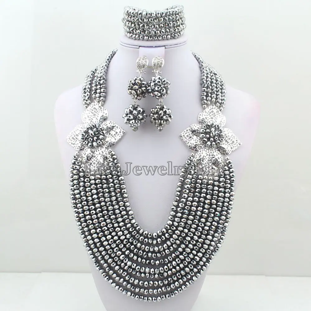 

2017 Hot Nigerian Beads Crystal Necklaces Bracelet Earrings African Wedding Beads Jewelry Set HD2893