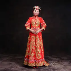 Модные красные Для женщин феникс вышивка Cheongsam долго Qipao шлейфом Китайская традиционная свадебное платье Oriental Стиль платья