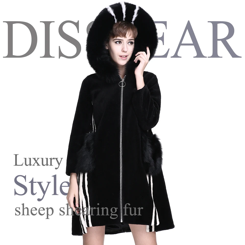 

Women Long Wool Coats With Genuine Fox Fur Hood Full Sleeve Female Zipper Outwear Black Sheep Shearing Fur Jacket Real Fur Coat