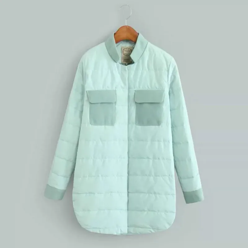 2016 Winter Jackets And Coats Simple Thin Spring Winter Coat Women Pink Blue Stitching Cotton Long Sleeve Womens S M L