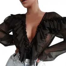 Модный женский сексуальный боди с оборками, v-образный вырез, комбинезон с сеткой, перспективный легкий комбинезон Y