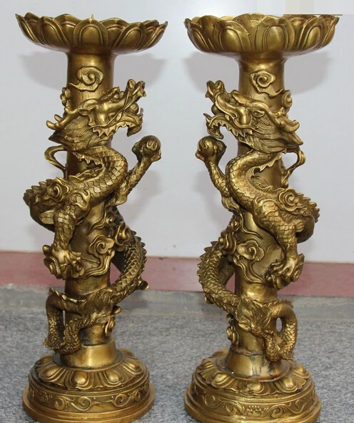 

006996 15" Chinese Dynasty Bronze Carving Dragon Candle Holder Candlestick Pair Statue