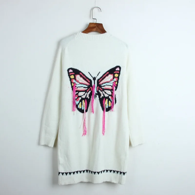 

Designer Runway Women 2019 Autumn Winter Thick Sweater White V-neck Coats Cardigan Knitted Butterfly Tassel High Street Outwear