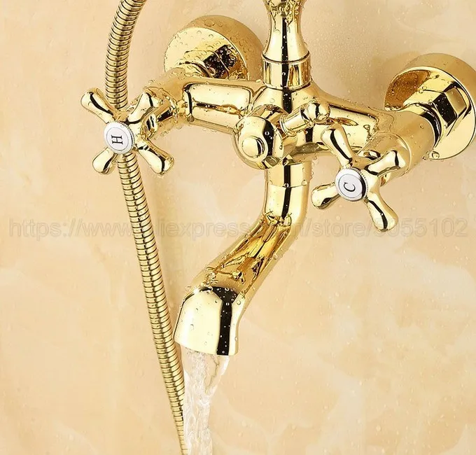 Bathtub Faucet Luxury Gold Color Brass Wall Mount Handheld Bath Tub Mixer System with Handshower Telephone Style ztf124