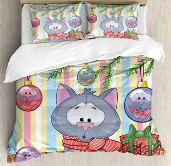 

Christmas Duvet Cover Set Kitten with Scarf Under The Tree with Ball Celebration and Gift Box Cat Themed 3/4pcs Bedding Set