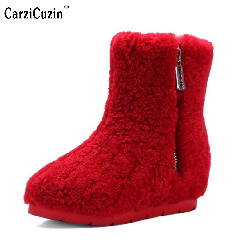 

Winter Genuine Leather Women Ankle Boots Warm Thickend Sheep Fur Plush Snow Boots Feminina Fashion Zipper Women Shoes Size 34-39