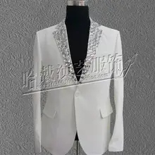 Мужские певцы ручной работы новейшие Стразы тонкий пиджак черный белый мужской блейзер сценический костюм костюмы! S-5XL