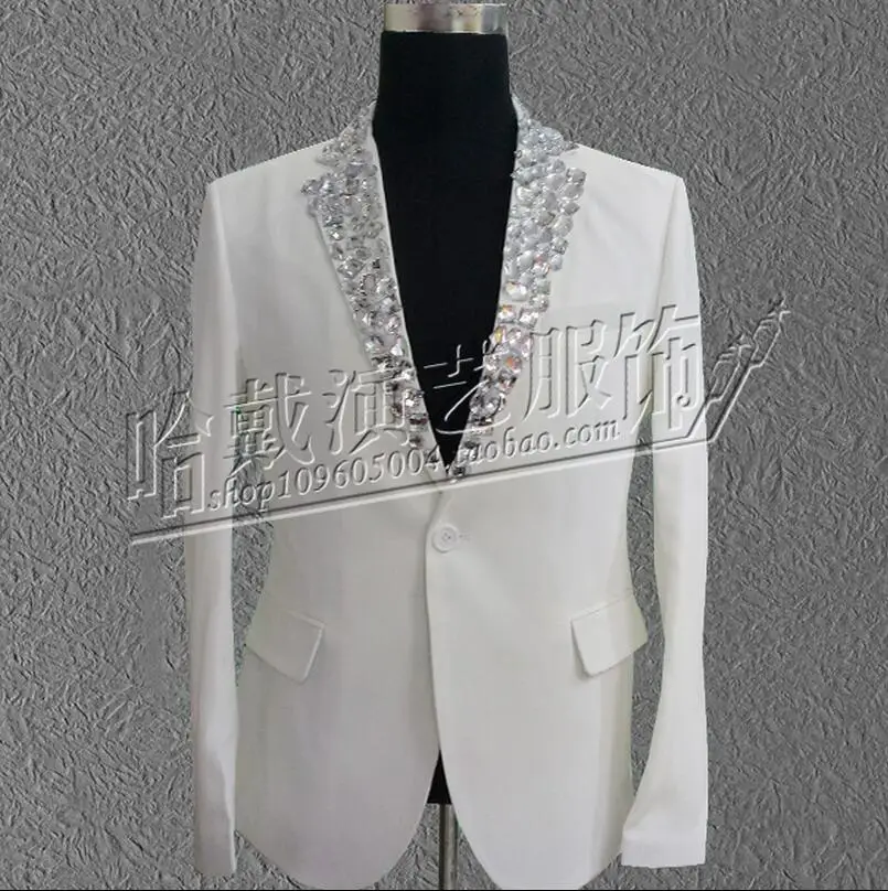 Handmade Men Singers Newest Rhinestone Slim Suit Jacket Black White Men