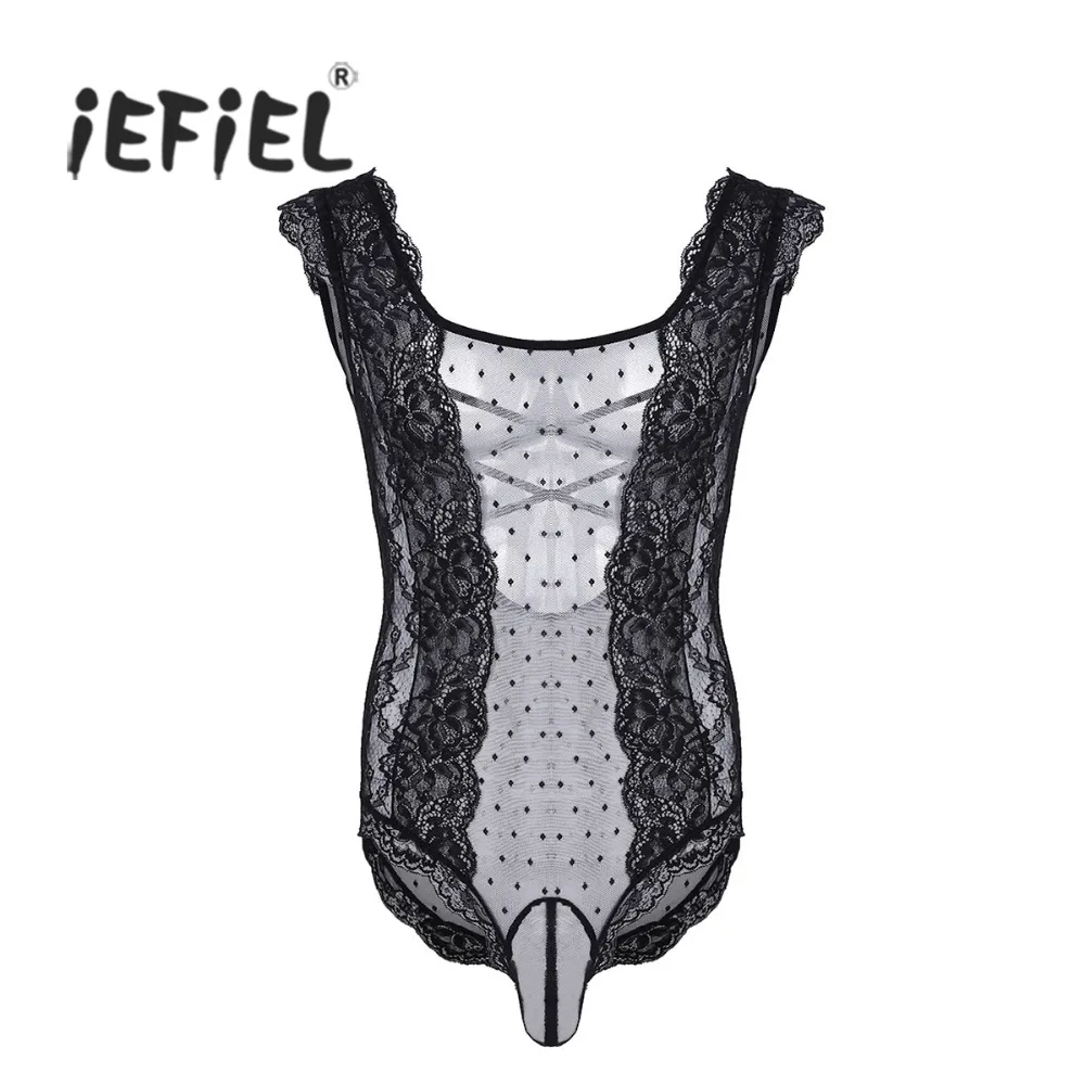 

Gay Mens Lingerie Body Suit One-Piece Crossdress Lingerie Floral Lace Polka Dots See Through Mesh Sissy Pouch Bodysuit Nightwear