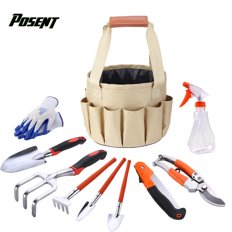 

POSENT Portable Garden Kits Waterproof Bag Combination Tools Set Aluminum Shovel Scissors Gloves Rake Saws Bucket Garden Tools