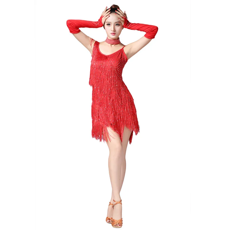 Новое поступление! Платье для латинских танцев, подтяжки с кисточками, сценические костюмы, одежда для латинских танцев/соревнований, одежда с блестками